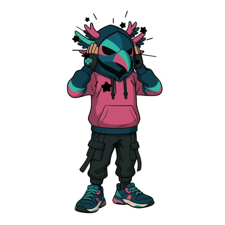 Arc mascot with hands on face, shocked