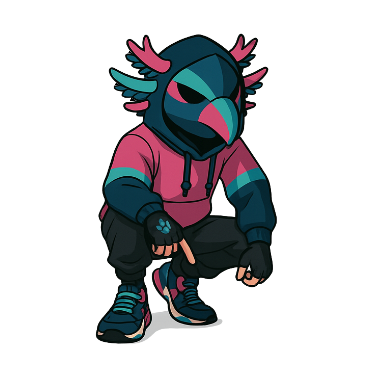 Arc mascot crouching and pointing down