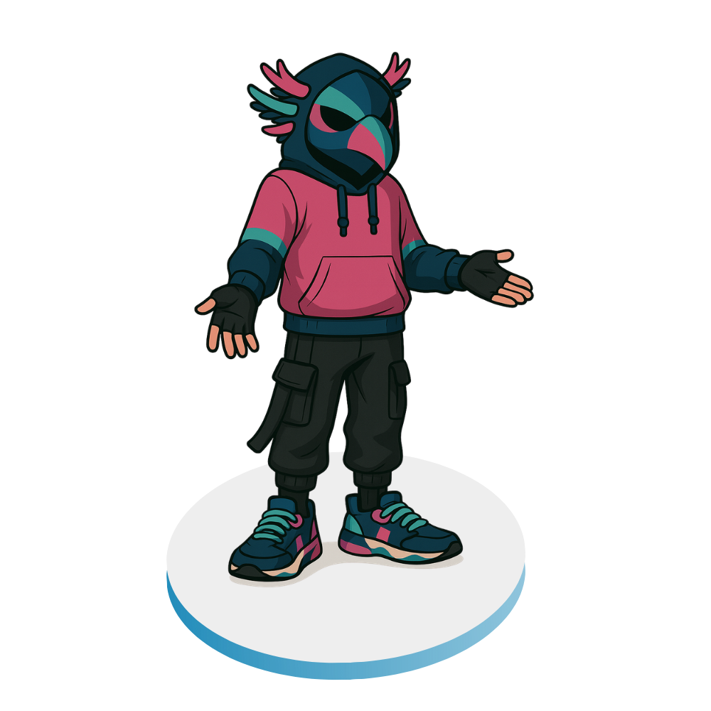 Arc mascot presenting with hands out, standing on platform