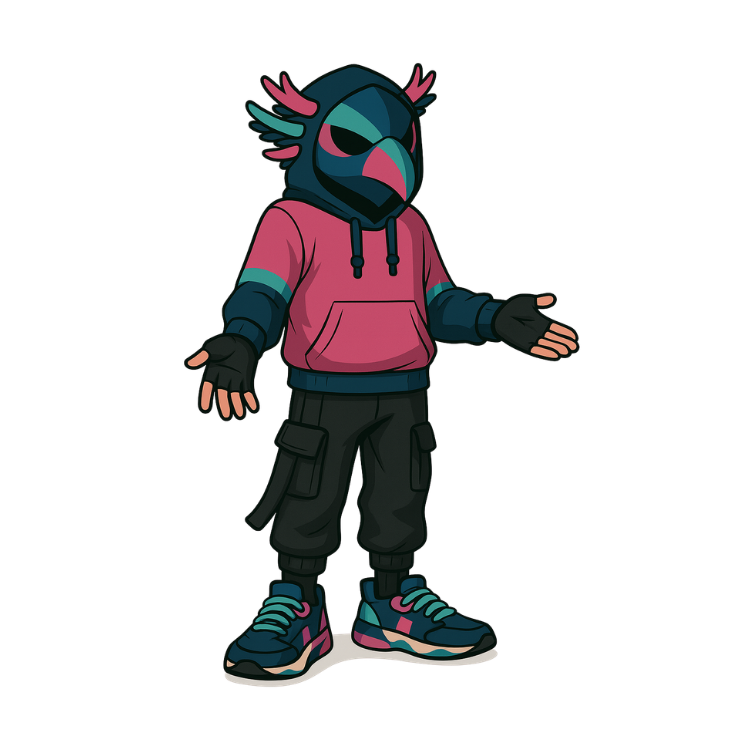 Arc, the Arcane Designer mascot, presenting with open hands