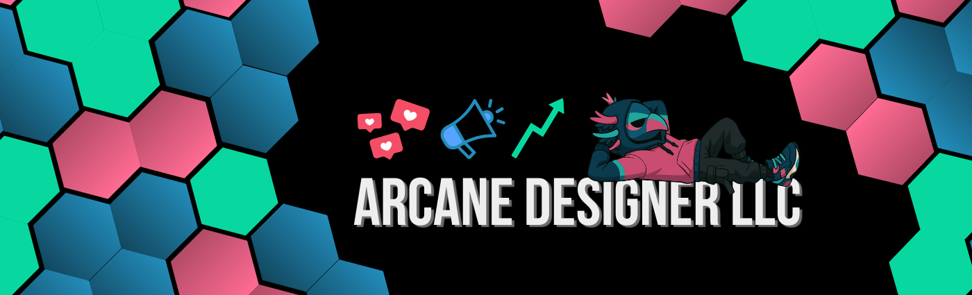 Arcane Designer banner with hexagons and marketing icons