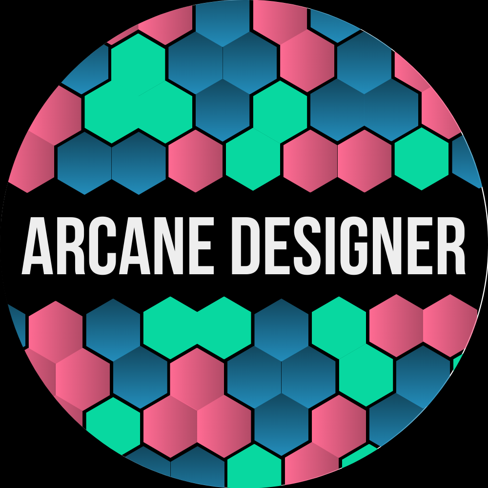 Arcane Designer logo — three overlapping hexagons in blue, pink, and green
